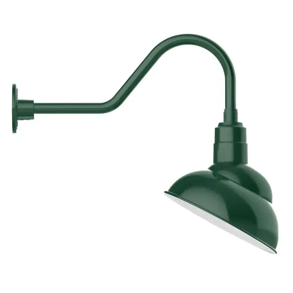 Our outdoor wall lights, inspired by 1920's industrial lighting, in classic gooseneck arm styles are great for use as sign or awning lights, garage or barn lights. This vintage look works well indoors also, our smallest sizes will illuminate a restaurant menu board, bookcase, or shelving unit. The Emblem shade is designed to illuminate the surface to which it is mounted. Collection: Emblem Finish: Forest Green Glass: 12 inch Emblem Width: 12.00" Height: 20.75" Length: 25.13" Weight: 9.00 lb Extension from Wall: 25.13" Canopy: 4.625" diameter Number of Bulbs: 1 Maximum Wattage: 10.00 W Light Source: LED Light Output: 800.00 lm Color Temperature: 2700 K CRI: 90 Dimmable Rated Average Life: 50,000 Voltage: 120.00 V Country of Origin: US Safety Listing: UL/cUL Safety Rating: Wet Dark Sky LED Manufacturer Warranty: 1-year limited warranty on the fixture.