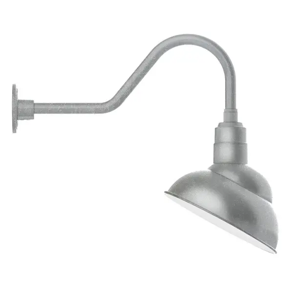 Our outdoor wall lights, inspired by 1920's industrial lighting, in classic gooseneck arm styles are great for use as sign or awning lights, garage or barn lights. This vintage look works well indoors also, our smallest sizes will illuminate a restaurant menu board, bookcase, or shelving unit. The Emblem shade is designed to illuminate the surface to which it is mounted. Collection: Emblem Finish: Painted Galvanized Glass: 12 inch Emblem Notes: Option (1) A19 LED and 3-Integrated 8W, 10W, 15W Width: 12.00" Height: 20.75" Length: 25.13" Weight: 9.00 lb Extension from Wall: 25.13" Canopy: 4.625" diameter Number of Bulbs: 1 Maximum Wattage: 100.00 W Bulb Type: A19 Bulb Base: E26 Medium Light Source: Incandescent or LED equivalent Dimmable Voltage: 120.00 V Country of Origin: US Safety Listing: UL/cUL Safety Rating: Wet Dark Sky LED Manufacturer Warranty: 1-year limited warranty on the fixture.