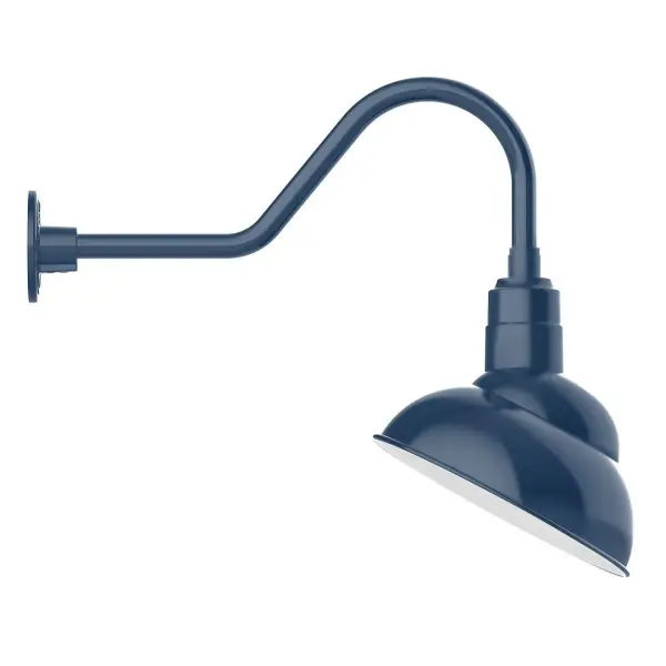 Our outdoor wall lights, inspired by 1920's industrial lighting, in classic gooseneck arm styles are great for use as sign or awning lights, garage or barn lights. This vintage look works well indoors also, our smallest sizes will illuminate a restaurant menu board, bookcase, or shelving unit. The Emblem shade is designed to illuminate the surface to which it is mounted. Collection: Emblem Finish: Navy Glass: 12 inch Emblem Notes: Option (1) A19 LED and 3-Integrated 8W, 10W, 15W Width: 12.00" Height: 20.75" Length: 25.13" Weight: 9.00 lb Extension from Wall: 25.13" Canopy: 4.625" diameter Number of Bulbs: 1 Maximum Wattage: 100.00 W Bulb Type: A19 Bulb Base: E26 Medium Light Source: Incandescent or LED equivalent Dimmable Voltage: 120.00 V Country of Origin: US Safety Listing: UL/cUL Safety Rating: Wet Dark Sky LED Manufacturer Warranty: 1-year limited warranty on the fixture.