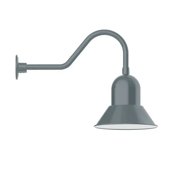 Our outdoor wall lights, inspired by 1920's industrial lighting, in classic gooseneck arm styles are great for use as sign or awning lights, garage or barn lights. This vintage look works well indoors also, our smallest sizes will illuminate a restaurant menu board, bookcase, or shelving unit. Our Prima shade is elegant and clean-lined, inspiring illumination of your beautiful view. Collection: Prima Finish: Slate Gray Glass: 12 inch Prima Notes: Option (1) A19 LED and 3-Integrated 8W, 10W, 15W Width: 12.00" Height: 18.25" Length: 26.50" Weight: 4.50 lb Extension from Wall: 26.50" Canopy: 4.625" diameter Number of Bulbs: 1 Maximum Wattage: 100.00 W Bulb Type: A19 Bulb Base: E26 Medium Light Source: Incandescent or LED equivalent Dimmable Voltage: 120.00 V Country of Origin: US Safety Listing: UL/cUL Safety Rating: Wet Dark Sky LED Manufacturer Warranty: 1-year limited warranty on the fixture.