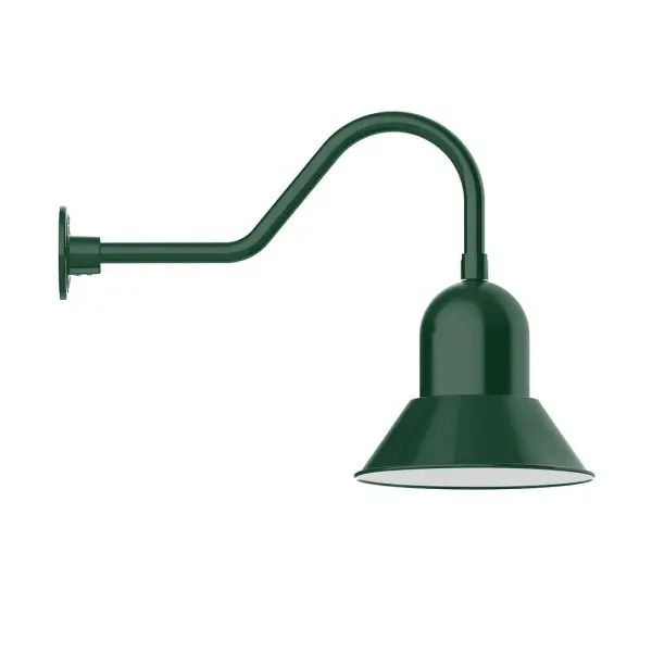 Our outdoor wall lights, inspired by 1920's industrial lighting, in classic gooseneck arm styles are great for use as sign or awning lights, garage or barn lights. This vintage look works well indoors also, our smallest sizes will illuminate a restaurant menu board, bookcase, or shelving unit. Our Prima shade is elegant and clean-lined, inspiring illumination of your beautiful view. Collection: Prima Finish: Forest Green Glass: 12 inch Prima Width: 12.00" Height: 18.25" Length: 26.50" Weight: 4.50 lb Extension from Wall: 26.50" Canopy: 4.625" diameter Number of Bulbs: 1 Maximum Wattage: 10.00 W Light Source: LED Light Output: 800.00 lm Color Temperature: 3000 K CRI: 90 Dimmable Rated Average Life: 50,000 Voltage: 120.00 V Country of Origin: US Safety Listing: UL/cUL Safety Rating: Wet Dark Sky LED Manufacturer Warranty: 1-year limited warranty on the fixture.