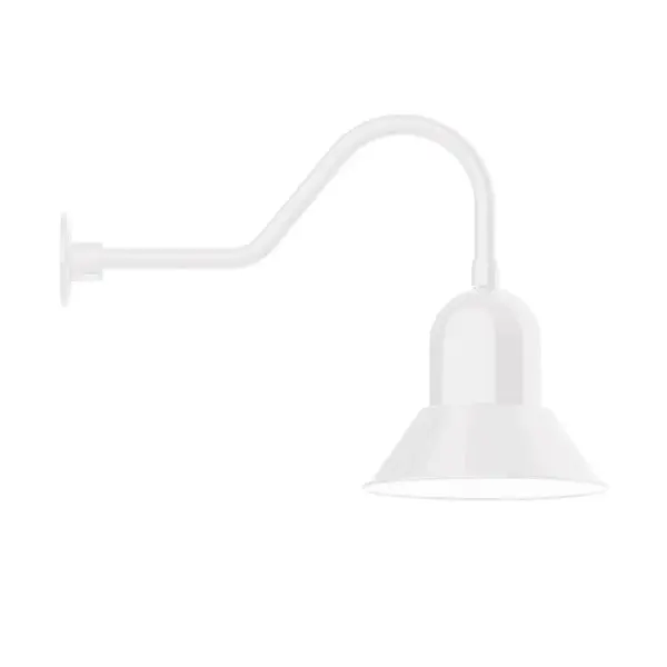 Our outdoor wall lights, inspired by 1920's industrial lighting, in classic gooseneck arm styles are great for use as sign or awning lights, garage or barn lights. This vintage look works well indoors also, our smallest sizes will illuminate a restaurant menu board, bookcase, or shelving unit. Our Prima shade is elegant and clean-lined, inspiring illumination of your beautiful view. Collection: Prima Finish: White Glass: 12 inch Prima Width: 12.00" Height: 18.25" Length: 26.50" Weight: 4.50 lb Extension from Wall: 26.50" Canopy: 4.625" diameter Number of Bulbs: 1 Maximum Wattage: 10.00 W Light Source: LED Light Output: 800.00 lm Color Temperature: 2700 K CRI: 90 Dimmable Rated Average Life: 50,000 Voltage: 120.00 V Country of Origin: US Safety Listing: UL/cUL Safety Rating: Wet Dark Sky LED Manufacturer Warranty: 1-year limited warranty on the fixture.