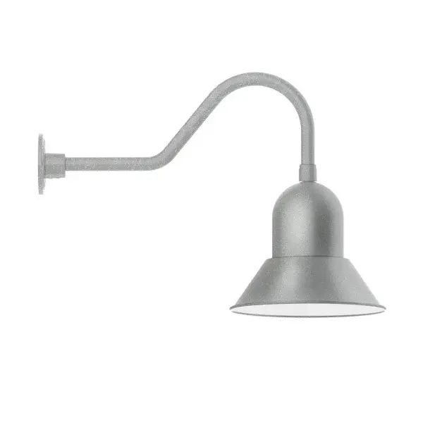 Our outdoor wall lights, inspired by 1920's industrial lighting, in classic gooseneck arm styles are great for use as sign or awning lights, garage or barn lights. This vintage look works well indoors also, our smallest sizes will illuminate a restaurant menu board, bookcase, or shelving unit. Our Prima shade is elegant and clean-lined, inspiring illumination of your beautiful view. Collection: Prima Finish: Painted Galvanized Glass: 12 inch Prima Notes: Option (1) A19 LED and 3-Integrated 8W, 10W, 15W Width: 12.00" Height: 18.25" Length: 26.50" Weight: 4.50 lb Extension from Wall: 26.50" Canopy: 4.625" diameter Number of Bulbs: 1 Maximum Wattage: 100.00 W Bulb Type: A19 Bulb Base: E26 Medium Light Source: Incandescent or LED equivalent Dimmable Voltage: 120.00 V Country of Origin: US Safety Listing: UL/cUL Safety Rating: Wet Dark Sky LED Manufacturer Warranty: 1-year limited warranty on the fixture.
