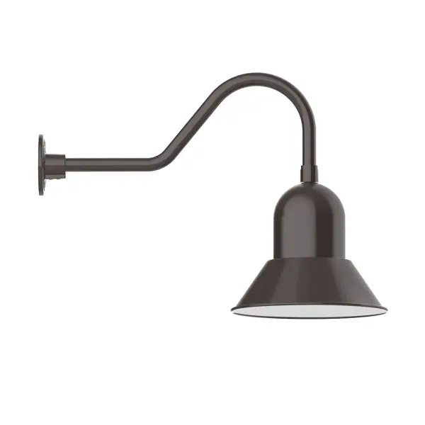 Our outdoor wall lights, inspired by 1920's industrial lighting, in classic gooseneck arm styles are great for use as sign or awning lights, garage or barn lights. This vintage look works well indoors also, our smallest sizes will illuminate a restaurant menu board, bookcase, or shelving unit. Our Prima shade is elegant and clean-lined, inspiring illumination of your beautiful view. Collection: Prima Finish: Architectural Bronze Glass: 12 inch Prima Width: 12.00" Height: 18.25" Length: 26.50" Weight: 4.50 lb Extension from Wall: 26.50" Canopy: 4.625" diameter Number of Bulbs: 1 Maximum Wattage: 10.00 W Light Source: LED Light Output: 800.00 lm Color Temperature: 2700 K CRI: 90 Dimmable Rated Average Life: 50,000 Voltage: 120.00 V Country of Origin: US Safety Listing: UL/cUL Safety Rating: Wet Dark Sky LED Manufacturer Warranty: 1-year limited warranty on the fixture.