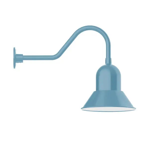 Our outdoor wall lights, inspired by 1920's industrial lighting, in classic gooseneck arm styles are great for use as sign or awning lights, garage or barn lights. This vintage look works well indoors also, our smallest sizes will illuminate a restaurant menu board, bookcase, or shelving unit. Our Prima shade is elegant and clean-lined, inspiring illumination of your beautiful view. Collection: Prima Finish: Light Blue Glass: 12 inch Prima Notes: Option (1) A19 LED and 3-Integrated 8W, 10W, 15W Width: 12.00" Height: 18.25" Length: 26.50" Weight: 4.50 lb Extension from Wall: 26.50" Canopy: 4.625" diameter Number of Bulbs: 1 Maximum Wattage: 100.00 W Bulb Type: A19 Bulb Base: E26 Medium Light Source: Incandescent or LED equivalent Dimmable Voltage: 120.00 V Country of Origin: US Safety Listing: UL/cUL Safety Rating: Wet Dark Sky LED Manufacturer Warranty: 1-year limited warranty on the fixture.