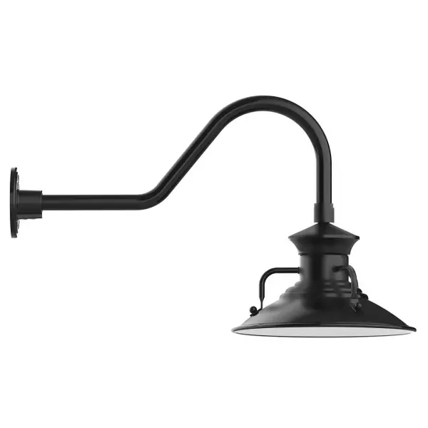Our outdoor wall lights, inspired by 1920's industrial lighting, in classic gooseneck arm styles are great for use as sign or awning lights, garage or barn lights. This vintage look works well indoors also, our smallest sizes will illuminate a restaurant menu board, bookcase, or shelving unit. The Homestead shade with its cap and handles, has farmhouse flair, at home over a kitchen table or a wide front porch. Collection: Homestead Finish: Black Glass: 12 inch Homestead Width: 12.13" Height: 15.63" Length: 26.50" Weight: 9.00 lb Extension from Wall: 26.50" Canopy: 4.625" diameter Number of Bulbs: 1 Maximum Wattage: 10.00 W Light Source: LED Light Output: 800.00 lm Color Temperature: 3000 K CRI: 90 Dimmable Rated Average Life: 50,000 Voltage: 120.00 V Country of Origin: US Safety Listing: UL/cUL Safety Rating: Wet Dark Sky LED Manufacturer Warranty: 1-year limited warranty on the fixture.