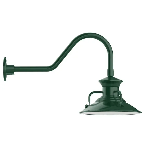 Our outdoor wall lights, inspired by 1920's industrial lighting, in classic gooseneck arm styles are great for use as sign or awning lights, garage or barn lights. This vintage look works well indoors also, our smallest sizes will illuminate a restaurant menu board, bookcase, or shelving unit. The Homestead shade with its cap and handles, has farmhouse flair, at home over a kitchen table or a wide front porch. Collection: Homestead Finish: Forest Green Glass: 12 inch Homestead Width: 12.13" Height: 15.63" Length: 26.50" Weight: 9.00 lb Extension from Wall: 26.50" Canopy: 4.625" diameter Number of Bulbs: 1 Maximum Wattage: 10.00 W Light Source: LED Light Output: 800.00 lm Color Temperature: 3000 K CRI: 90 Dimmable Rated Average Life: 50,000 Voltage: 120.00 V Country of Origin: US Safety Listing: UL/cUL Safety Rating: Wet Dark Sky LED Manufacturer Warranty: 1-year limited warranty on the fixture.