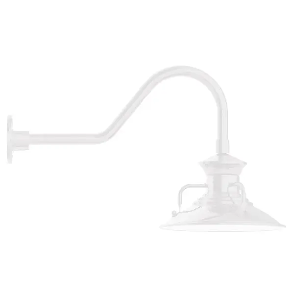 Our outdoor wall lights, inspired by 1920's industrial lighting, in classic gooseneck arm styles are great for use as sign or awning lights, garage or barn lights. This vintage look works well indoors also, our smallest sizes will illuminate a restaurant menu board, bookcase, or shelving unit. The Homestead shade with its cap and handles, has farmhouse flair, at home over a kitchen table or a wide front porch. Collection: Homestead Finish: White Glass: Clear Glass with Cast Guard Notes: Option (1) A19 LED and 3-Integrated 8W, 10W, 15W Width: 12.13" Height: 15.63" Length: 26.50" Weight: 9.00 lb Extension from Wall: 26.50" Canopy: 4.625" diameter Number of Bulbs: 1 Maximum Wattage: 100.00 W Bulb Type: A19 Bulb Base: E26 Medium Light Source: Incandescent or LED equivalent Dimmable Voltage: 120.00 V Country of Origin: US Safety Listing: UL/cUL Safety Rating: Wet Dark Sky LED Manufacturer Warranty: 1-year limited warranty on the fixture.