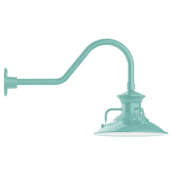 Our outdoor wall lights, inspired by 1920's industrial lighting, in classic gooseneck arm styles are great for use as sign or awning lights, garage or barn lights. This vintage look works well indoors also, our smallest sizes will illuminate a restaurant menu board, bookcase, or shelving unit. The Homestead shade with its cap and handles, has farmhouse flair, at home over a kitchen table or a wide front porch. Collection: Homestead Finish: Sea Green Glass: 12 inch Homestead Notes: Option (1) A19 LED and 3-Integrated 8W, 10W, 15W Width: 12.13" Height: 15.63" Length: 26.50" Weight: 9.00 lb Extension from Wall: 26.50" Canopy: 4.625" diameter Number of Bulbs: 1 Maximum Wattage: 100.00 W Bulb Type: A19 Bulb Base: E26 Medium Light Source: Incandescent or LED equivalent Dimmable Voltage: 120.00 V Country of Origin: US Safety Listing: UL/cUL Safety Rating: Wet Dark Sky LED Manufacturer Warranty: 1-year limited warranty on the fixture.