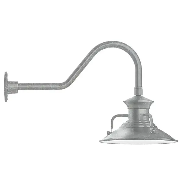 Our outdoor wall lights, inspired by 1920's industrial lighting, in classic gooseneck arm styles are great for use as sign or awning lights, garage or barn lights. This vintage look works well indoors also, our smallest sizes will illuminate a restaurant menu board, bookcase, or shelving unit. The Homestead shade with its cap and handles, has farmhouse flair, at home over a kitchen table or a wide front porch. Collection: Homestead Finish: Painted Galvanized Glass: Clear Glass with Cast Guard Notes: Option (1) A19 LED and 3-Integrated 8W, 10W, 15W Width: 12.13" Height: 15.63" Length: 26.50" Weight: 9.00 lb Extension from Wall: 26.50" Canopy: 4.625" diameter Number of Bulbs: 1 Maximum Wattage: 100.00 W Bulb Type: A19 Bulb Base: E26 Medium Light Source: Incandescent or LED equivalent Dimmable Voltage: 120.00 V Country of Origin: US Safety Listing: UL/cUL Safety Rating: Wet Dark Sky LED Manufacturer Warranty: 1-year limited warranty on the fixture.