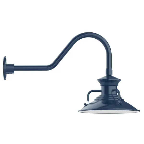 Our outdoor wall lights, inspired by 1920's industrial lighting, in classic gooseneck arm styles are great for use as sign or awning lights, garage or barn lights. This vintage look works well indoors also, our smallest sizes will illuminate a restaurant menu board, bookcase, or shelving unit. The Homestead shade with its cap and handles, has farmhouse flair, at home over a kitchen table or a wide front porch. Collection: Homestead Finish: Navy Glass: 12 inch Homestead Width: 12.13" Height: 15.63" Length: 26.50" Weight: 9.00 lb Extension from Wall: 26.50" Canopy: 4.625" diameter Number of Bulbs: 1 Maximum Wattage: 10.00 W Light Source: LED Light Output: 800.00 lm Color Temperature: 3000 K CRI: 90 Dimmable Rated Average Life: 50,000 Voltage: 120.00 V Country of Origin: US Safety Listing: UL/cUL Safety Rating: Wet Dark Sky LED Manufacturer Warranty: 1-year limited warranty on the fixture.