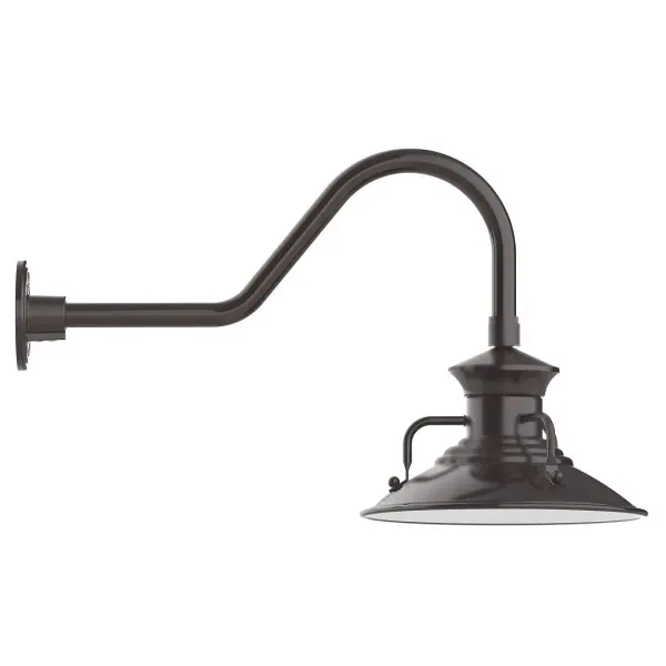 Our outdoor wall lights, inspired by 1920's industrial lighting, in classic gooseneck arm styles are great for use as sign or awning lights, garage or barn lights. This vintage look works well indoors also, our smallest sizes will illuminate a restaurant menu board, bookcase, or shelving unit. The Homestead shade with its cap and handles, has farmhouse flair, at home over a kitchen table or a wide front porch. Collection: Homestead Finish: Architectural Bronze Glass: 12 inch Homestead Width: 12.13" Height: 15.63" Length: 26.50" Weight: 9.00 lb Extension from Wall: 26.50" Canopy: 4.625" diameter Number of Bulbs: 1 Maximum Wattage: 10.00 W Light Source: LED Light Output: 800.00 lm Color Temperature: 2700 K CRI: 90 Dimmable Rated Average Life: 50,000 Voltage: 120.00 V Country of Origin: US Safety Listing: UL/cUL Safety Rating: Wet Dark Sky LED Manufacturer Warranty: 1-year limited warranty on the fixture.
