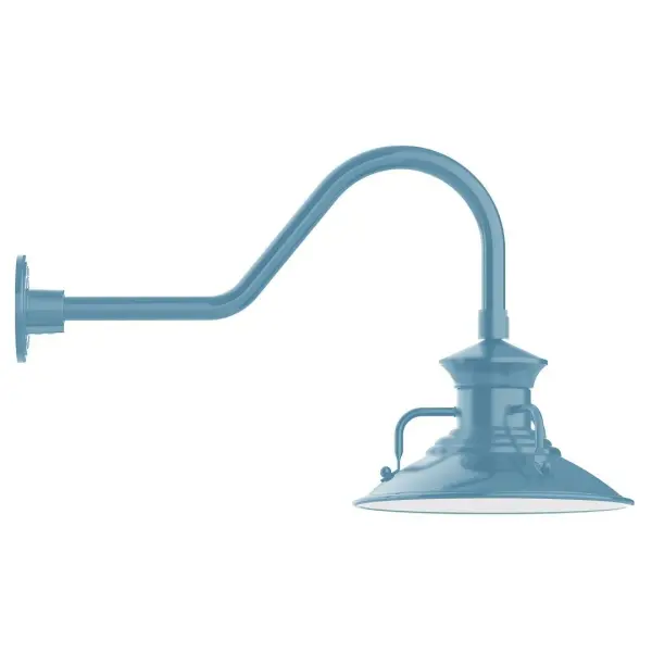 Our outdoor wall lights, inspired by 1920's industrial lighting, in classic gooseneck arm styles are great for use as sign or awning lights, garage or barn lights. This vintage look works well indoors also, our smallest sizes will illuminate a restaurant menu board, bookcase, or shelving unit. The Homestead shade with its cap and handles, has farmhouse flair, at home over a kitchen table or a wide front porch. Collection: Homestead Finish: Light Blue Glass: 12 inch Homestead Width: 12.13" Height: 15.63" Length: 26.50" Weight: 9.00 lb Extension from Wall: 26.50" Canopy: 4.625" diameter Number of Bulbs: 1 Maximum Wattage: 10.00 W Light Source: LED Light Output: 800.00 lm Color Temperature: 3000 K CRI: 90 Dimmable Rated Average Life: 50,000 Voltage: 120.00 V Country of Origin: US Safety Listing: UL/cUL Safety Rating: Wet Dark Sky LED Manufacturer Warranty: 1-year limited warranty on the fixture.
