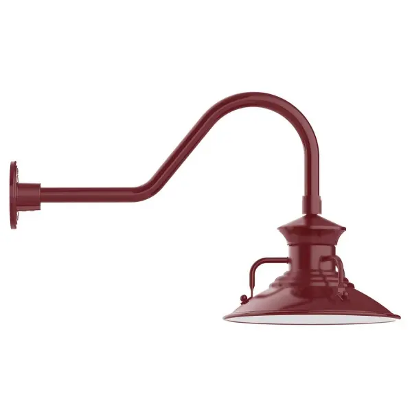 Our outdoor wall lights, inspired by 1920's industrial lighting, in classic gooseneck arm styles are great for use as sign or awning lights, garage or barn lights. This vintage look works well indoors also, our smallest sizes will illuminate a restaurant menu board, bookcase, or shelving unit. The Homestead shade with its cap and handles, has farmhouse flair, at home over a kitchen table or a wide front porch. Collection: Homestead Finish: Barn Red Glass: 12 inch Homestead Width: 12.13" Height: 15.63" Length: 26.50" Weight: 9.00 lb Extension from Wall: 26.50" Canopy: 4.625" diameter Number of Bulbs: 1 Maximum Wattage: 10.00 W Light Source: LED Light Output: 800.00 lm Color Temperature: 2700 K CRI: 90 Dimmable Rated Average Life: 50,000 Voltage: 120.00 V Country of Origin: US Safety Listing: UL/cUL Safety Rating: Wet Dark Sky LED Manufacturer Warranty: 1-year limited warranty on the fixture.