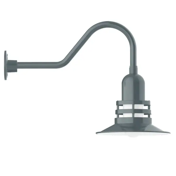 Our outdoor wall lights, inspired by 1920's industrial lighting, in classic gooseneck arm styles are great for use as sign or awning lights, garage or barn lights. This vintage look works well indoors also, our smallest sizes will illuminate a restaurant menu board, bookcase, or shelving unit. The Atomic has a great retro feel and will lighten up any space. A clear glass jar to protect bulb from the elements is a standard feature. Collection: Atomic Finish: Slate Gray Glass: 12 inch Atomic Notes: Option (1) A19 LED and 3-Integrated 8W, 10W, 15W Width: 12.00" Height: 18.00" Length: 26.50" Weight: 9.00 lb Extension from Wall: 26.50" Canopy: 4.625" diameter Number of Bulbs: 1 Maximum Wattage: 100.00 W Bulb Type: A19 Bulb Base: E26 Medium Light Source: Incandescent or LED equivalent Dimmable Voltage: 120.00 V Country of Origin: US Safety Listing: UL/cUL Safety Rating: Wet Dark Sky LED Manufacturer Warranty: 1-year limited warranty on the fixture.