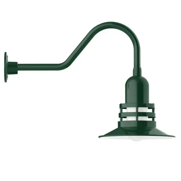Our outdoor wall lights, inspired by 1920's industrial lighting, in classic gooseneck arm styles are great for use as sign or awning lights, garage or barn lights. This vintage look works well indoors also, our smallest sizes will illuminate a restaurant menu board, bookcase, or shelving unit. The Atomic has a great retro feel and will lighten up any space. A clear glass jar to protect bulb from the elements is a standard feature. Collection: Atomic Finish: Forest Green Glass: 12 inch Atomic Notes: Option (1) A19 LED and 3-Integrated 8W, 10W, 15W Width: 12.00" Height: 18.00" Length: 26.50" Weight: 9.00 lb Extension from Wall: 26.50" Canopy: 4.625" diameter Number of Bulbs: 1 Maximum Wattage: 100.00 W Bulb Type: A19 Bulb Base: E26 Medium Light Source: Incandescent or LED equivalent Dimmable Voltage: 120.00 V Country of Origin: US Safety Listing: UL/cUL Safety Rating: Wet Dark Sky LED Manufacturer Warranty: 1-year limited warranty on the fixture.