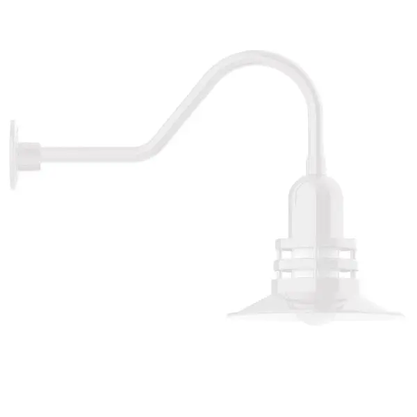 Our outdoor wall lights, inspired by 1920's industrial lighting, in classic gooseneck arm styles are great for use as sign or awning lights, garage or barn lights. This vintage look works well indoors also, our smallest sizes will illuminate a restaurant menu board, bookcase, or shelving unit. The Atomic has a great retro feel and will lighten up any space. A clear glass jar to protect bulb from the elements is a standard feature. Collection: Atomic Finish: White Glass: 12 inch Atomic Notes: Option (1) A19 LED and 3-Integrated 8W, 10W, 15W Width: 12.00" Height: 18.00" Length: 26.50" Weight: 9.00 lb Extension from Wall: 26.50" Canopy: 4.625" diameter Number of Bulbs: 1 Maximum Wattage: 100.00 W Bulb Type: A19 Bulb Base: E26 Medium Light Source: Incandescent or LED equivalent Dimmable Voltage: 120.00 V Country of Origin: US Safety Listing: UL/cUL Safety Rating: Wet Dark Sky LED Manufacturer Warranty: 1-year limited warranty on the fixture.