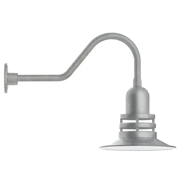 Our outdoor wall lights, inspired by 1920's industrial lighting, in classic gooseneck arm styles are great for use as sign or awning lights, garage or barn lights. This vintage look works well indoors also, our smallest sizes will illuminate a restaurant menu board, bookcase, or shelving unit. The Atomic has a great retro feel and will lighten up any space. A clear glass jar to protect bulb from the elements is a standard feature. Collection: Atomic Finish: Painted Galvanized Glass: 12 inch Atomic Notes: Option (1) A19 LED and 3-Integrated 8W, 10W, 15W Width: 12.00" Height: 18.00" Length: 26.50" Weight: 9.00 lb Extension from Wall: 26.50" Canopy: 4.625" diameter Number of Bulbs: 1 Maximum Wattage: 100.00 W Bulb Type: A19 Bulb Base: E26 Medium Light Source: Incandescent or LED equivalent Dimmable Voltage: 120.00 V Country of Origin: US Safety Listing: UL/cUL Safety Rating: Wet Dark Sky LED Manufacturer Warranty: 1-year limited warranty on the fixture.