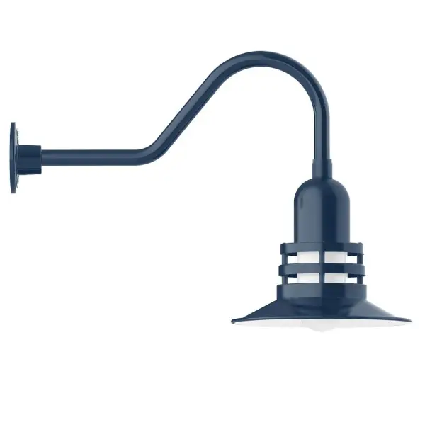 Our outdoor wall lights, inspired by 1920's industrial lighting, in classic gooseneck arm styles are great for use as sign or awning lights, garage or barn lights. This vintage look works well indoors also, our smallest sizes will illuminate a restaurant menu board, bookcase, or shelving unit. The Atomic has a great retro feel and will lighten up any space. A clear glass jar to protect bulb from the elements is a standard feature. Collection: Atomic Finish: Navy Glass: 12 inch Atomic Notes: Option (1) A19 LED and 3-Integrated 8W, 10W, 15W Width: 12.00" Height: 18.00" Length: 26.50" Weight: 9.00 lb Extension from Wall: 26.50" Canopy: 4.625" diameter Number of Bulbs: 1 Maximum Wattage: 100.00 W Bulb Type: A19 Bulb Base: E26 Medium Light Source: Incandescent or LED equivalent Dimmable Voltage: 120.00 V Country of Origin: US Safety Listing: UL/cUL Safety Rating: Wet Dark Sky LED Manufacturer Warranty: 1-year limited warranty on the fixture.