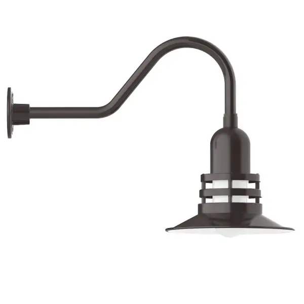 Our outdoor wall lights, inspired by 1920's industrial lighting, in classic gooseneck arm styles are great for use as sign or awning lights, garage or barn lights. This vintage look works well indoors also, our smallest sizes will illuminate a restaurant menu board, bookcase, or shelving unit. The Atomic has a great retro feel and will lighten up any space. A clear glass jar to protect bulb from the elements is a standard feature. Collection: Atomic Finish: Architectural Bronze Glass: 12 inch Atomic Notes: Option (1) A19 LED and 3-Integrated 8W, 10W, 15W Width: 12.00" Height: 18.00" Length: 26.50" Weight: 9.00 lb Extension from Wall: 26.50" Canopy: 4.625" diameter Number of Bulbs: 1 Maximum Wattage: 100.00 W Bulb Type: A19 Bulb Base: E26 Medium Light Source: Incandescent or LED equivalent Dimmable Voltage: 120.00 V Country of Origin: US Safety Listing: UL/cUL Safety Rating: Wet Dark Sky LED Manufacturer Warranty: 1-year limited warranty on the fixture.