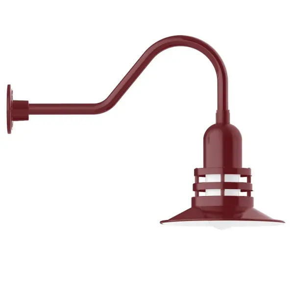 Our outdoor wall lights, inspired by 1920's industrial lighting, in classic gooseneck arm styles are great for use as sign or awning lights, garage or barn lights. This vintage look works well indoors also, our smallest sizes will illuminate a restaurant menu board, bookcase, or shelving unit. The Atomic has a great retro feel and will lighten up any space. A clear glass jar to protect bulb from the elements is a standard feature. Collection: Atomic Finish: Barn Red Glass: 12 inch Atomic Notes: Option (1) A19 LED and 3-Integrated 8W, 10W, 15W Width: 12.00" Height: 18.00" Length: 26.50" Weight: 9.00 lb Extension from Wall: 26.50" Canopy: 4.625" diameter Number of Bulbs: 1 Maximum Wattage: 100.00 W Bulb Type: A19 Bulb Base: E26 Medium Light Source: Incandescent or LED equivalent Dimmable Voltage: 120.00 V Country of Origin: US Safety Listing: UL/cUL Safety Rating: Wet Dark Sky LED Manufacturer Warranty: 1-year limited warranty on the fixture.