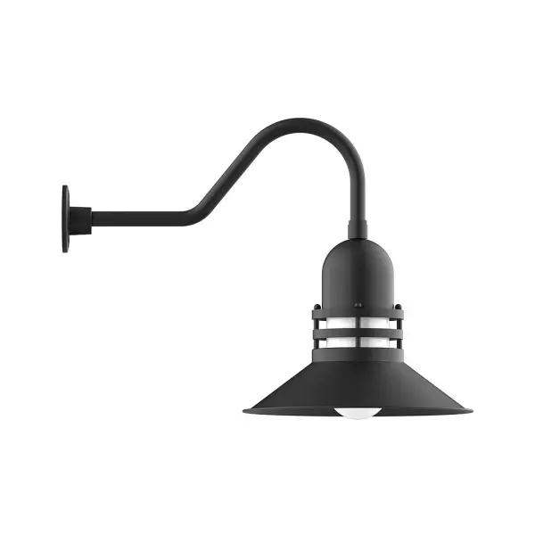 Our outdoor wall lights, inspired by 1920's industrial lighting, in classic gooseneck arm styles are great for use as sign or awning lights, garage or barn lights. This vintage look works well indoors also, our smallest sizes will illuminate a restaurant menu board, bookcase, or shelving unit. The Atomic has a great retro feel and will lighten up any space. A clear glass jar to protect bulb from the elements is a standard feature. Collection: Atomic Finish: Black Glass: 16 inch Atomic Notes: Option (1) A19 LED and 3-Integrated 8W, 10W, 15W Width: 16.00" Height: 20.50" Length: 28.50" Weight: 10.00 lb Extension from Wall: 28.50" Canopy: 4.625" diameter Number of Bulbs: 1 Maximum Wattage: 100.00 W Bulb Type: A19 Bulb Base: E26 Medium Light Source: Incandescent or LED equivalent Dimmable Voltage: 120.00 V Country of Origin: US Safety Listing: UL/cUL Safety Rating: Wet Dark Sky LED Manufacturer Warranty: 1-year limited warranty on the fixture.
