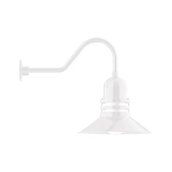 Our outdoor wall lights, inspired by 1920's industrial lighting, in classic gooseneck arm styles are great for use as sign or awning lights, garage or barn lights. This vintage look works well indoors also, our smallest sizes will illuminate a restaurant menu board, bookcase, or shelving unit. The Atomic has a great retro feel and will lighten up any space. A clear glass jar to protect bulb from the elements is a standard feature. Collection: Atomic Finish: White Glass: 16 inch Atomic Notes: Option (1) A19 LED and 3-Integrated 8W, 10W, 15W Width: 16.00" Height: 20.50" Length: 28.50" Weight: 10.00 lb Extension from Wall: 28.50" Canopy: 4.625" diameter Number of Bulbs: 1 Maximum Wattage: 100.00 W Bulb Type: A19 Bulb Base: E26 Medium Light Source: Incandescent or LED equivalent Dimmable Voltage: 120.00 V Country of Origin: US Safety Listing: UL/cUL Safety Rating: Wet Dark Sky LED Manufacturer Warranty: 1-year limited warranty on the fixture.