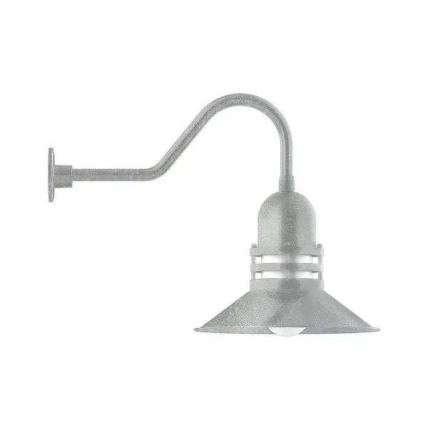 Our outdoor wall lights, inspired by 1920's industrial lighting, in classic gooseneck arm styles are great for use as sign or awning lights, garage or barn lights. This vintage look works well indoors also, our smallest sizes will illuminate a restaurant menu board, bookcase, or shelving unit. The Atomic has a great retro feel and will lighten up any space. A clear glass jar to protect bulb from the elements is a standard feature. Collection: Atomic Finish: Painted Galvanized Glass: 16 inch Atomic Notes: Option (1) A19 LED and 3-Integrated 8W, 10W, 15W Width: 16.00" Height: 20.50" Length: 28.50" Weight: 10.00 lb Extension from Wall: 28.50" Canopy: 4.625" diameter Number of Bulbs: 1 Maximum Wattage: 100.00 W Bulb Type: A19 Bulb Base: E26 Medium Light Source: Incandescent or LED equivalent Dimmable Voltage: 120.00 V Country of Origin: US Safety Listing: UL/cUL Safety Rating: Wet Dark Sky LED Manufacturer Warranty: 1-year limited warranty on the fixture.