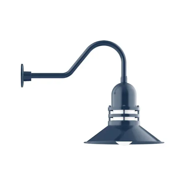 Our outdoor wall lights, inspired by 1920's industrial lighting, in classic gooseneck arm styles are great for use as sign or awning lights, garage or barn lights. This vintage look works well indoors also, our smallest sizes will illuminate a restaurant menu board, bookcase, or shelving unit. The Atomic has a great retro feel and will lighten up any space. A clear glass jar to protect bulb from the elements is a standard feature. Collection: Atomic Finish: Navy Glass: 16 inch Atomic Notes: Option (1) A19 LED and 3-Integrated 8W, 10W, 15W Width: 16.00" Height: 20.50" Length: 28.50" Weight: 10.00 lb Extension from Wall: 28.50" Canopy: 4.625" diameter Number of Bulbs: 1 Maximum Wattage: 100.00 W Bulb Type: A19 Bulb Base: E26 Medium Light Source: Incandescent or LED equivalent Dimmable Voltage: 120.00 V Country of Origin: US Safety Listing: UL/cUL Safety Rating: Wet Dark Sky LED Manufacturer Warranty: 1-year limited warranty on the fixture.