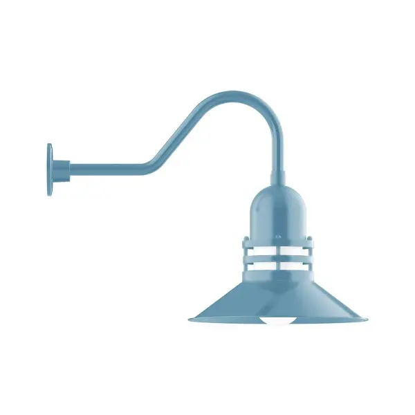 Our outdoor wall lights, inspired by 1920's industrial lighting, in classic gooseneck arm styles are great for use as sign or awning lights, garage or barn lights. This vintage look works well indoors also, our smallest sizes will illuminate a restaurant menu board, bookcase, or shelving unit. The Atomic has a great retro feel and will lighten up any space. A clear glass jar to protect bulb from the elements is a standard feature. Collection: Atomic Finish: Light Blue Glass: 16 inch Atomic Notes: Option (1) A19 LED and 3-Integrated 8W, 10W, 15W Width: 16.00" Height: 20.50" Length: 28.50" Weight: 10.00 lb Extension from Wall: 28.50" Canopy: 4.625" diameter Number of Bulbs: 1 Maximum Wattage: 100.00 W Bulb Type: A19 Bulb Base: E26 Medium Light Source: Incandescent or LED equivalent Dimmable Voltage: 120.00 V Country of Origin: US Safety Listing: UL/cUL Safety Rating: Wet Dark Sky LED Manufacturer Warranty: 1-year limited warranty on the fixture.