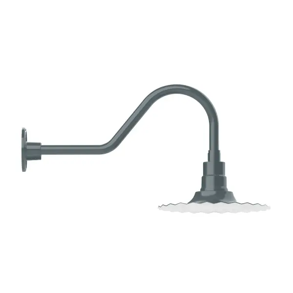 Our outdoor wall lights, inspired by 1920's industrial lighting, in classic gooseneck arm styles are great for use as sign or awning lights, garage or barn lights. This vintage look works well indoors also, our smallest sizes will illuminate a restaurant menu board, bookcase, or shelving unit. The Radial Shade is fluted to allow water to flow off its surface, suitable for seaside and non-seaside locales. Collection: Radial Finish: Slate Gray Glass: 12 inch Radial Notes: Option (1) A19 LED and 3-Integrated 8W, 10W, 15W Width: 12.00" Height: 13.25" Length: 26.50" Weight: 5.00 lb Extension from Wall: 26.50" Canopy: 4.625" diameter Number of Bulbs: 1 Maximum Wattage: 100.00 W Bulb Type: A19 Bulb Base: E26 Medium Light Source: Incandescent or LED equivalent Dimmable Voltage: 120.00 V Country of Origin: US Safety Listing: UL/cUL Safety Rating: Wet Dark Sky LED Manufacturer Warranty: 1-year limited warranty on the fixture.