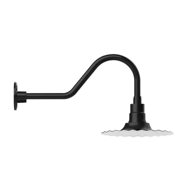 Our outdoor wall lights, inspired by 1920's industrial lighting, in classic gooseneck arm styles are great for use as sign or awning lights, garage or barn lights. This vintage look works well indoors also, our smallest sizes will illuminate a restaurant menu board, bookcase, or shelving unit. The Radial Shade is fluted to allow water to flow off its surface, suitable for seaside and non-seaside locales. Collection: Radial Finish: Black Glass: Clear Glass with Cast Guard Notes: Option (1) A19 LED and 3-Integrated 8W, 10W, 15W Width: 12.00" Height: 13.25" Length: 26.50" Weight: 5.00 lb Extension from Wall: 26.50" Canopy: 4.625" diameter Number of Bulbs: 1 Maximum Wattage: 100.00 W Bulb Type: A19 Bulb Base: E26 Medium Light Source: Incandescent or LED equivalent Dimmable Voltage: 120.00 V Country of Origin: US Safety Listing: UL/cUL Safety Rating: Wet Dark Sky LED Manufacturer Warranty: 1-year limited warranty on the fixture.