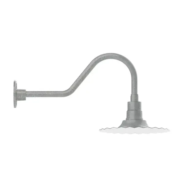 Our outdoor wall lights, inspired by 1920's industrial lighting, in classic gooseneck arm styles are great for use as sign or awning lights, garage or barn lights. This vintage look works well indoors also, our smallest sizes will illuminate a restaurant menu board, bookcase, or shelving unit. The Radial Shade is fluted to allow water to flow off its surface, suitable for seaside and non-seaside locales. Collection: Radial Finish: Painted Galvanized Glass: Clear Glass with Cast Guard Notes: Option (1) A19 LED and 3-Integrated 8W, 10W, 15W Width: 12.00" Height: 13.25" Length: 26.50" Weight: 5.00 lb Extension from Wall: 26.50" Canopy: 4.625" diameter Number of Bulbs: 1 Maximum Wattage: 100.00 W Bulb Type: A19 Bulb Base: E26 Medium Light Source: Incandescent or LED equivalent Dimmable Voltage: 120.00 V Country of Origin: US Safety Listing: UL/cUL Safety Rating: Wet Dark Sky LED Manufacturer Warranty: 1-year limited warranty on the fixture.