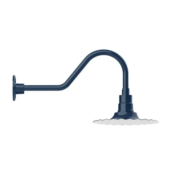 Our outdoor wall lights, inspired by 1920's industrial lighting, in classic gooseneck arm styles are great for use as sign or awning lights, garage or barn lights. This vintage look works well indoors also, our smallest sizes will illuminate a restaurant menu board, bookcase, or shelving unit. The Radial Shade is fluted to allow water to flow off its surface, suitable for seaside and non-seaside locales. Collection: Radial Finish: Navy Glass: Clear Glass with Cast Guard Notes: Option (1) A19 LED and 3-Integrated 8W, 10W, 15W Width: 12.00" Height: 13.25" Length: 26.50" Weight: 5.00 lb Extension from Wall: 26.50" Canopy: 4.625" diameter Number of Bulbs: 1 Maximum Wattage: 100.00 W Bulb Type: A19 Bulb Base: E26 Medium Light Source: Incandescent or LED equivalent Dimmable Voltage: 120.00 V Country of Origin: US Safety Listing: UL/cUL Safety Rating: Wet Dark Sky LED Manufacturer Warranty: 1-year limited warranty on the fixture.