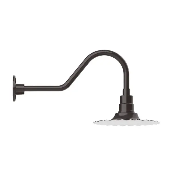 Our outdoor wall lights, inspired by 1920's industrial lighting, in classic gooseneck arm styles are great for use as sign or awning lights, garage or barn lights. This vintage look works well indoors also, our smallest sizes will illuminate a restaurant menu board, bookcase, or shelving unit. The Radial Shade is fluted to allow water to flow off its surface, suitable for seaside and non-seaside locales. Collection: Radial Finish: Architectural Bronze Glass: Clear Glass with Cast Guard Notes: Option (1) A19 LED and 3-Integrated 8W, 10W, 15W Width: 12.00" Height: 13.25" Length: 26.50" Weight: 5.00 lb Extension from Wall: 26.50" Canopy: 4.625" diameter Number of Bulbs: 1 Maximum Wattage: 100.00 W Bulb Type: A19 Bulb Base: E26 Medium Light Source: Incandescent or LED equivalent Dimmable Voltage: 120.00 V Country of Origin: US Safety Listing: UL/cUL Safety Rating: Wet Dark Sky LED Manufacturer Warranty: 1-year limited warranty on the fixture.