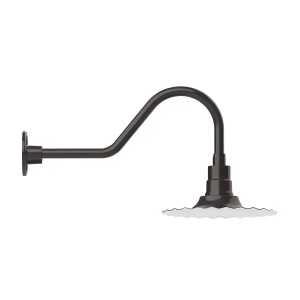 Our outdoor wall lights, inspired by 1920's industrial lighting, in classic gooseneck arm styles are great for use as sign or awning lights, garage or barn lights. This vintage look works well indoors also, our smallest sizes will illuminate a restaurant menu board, bookcase, or shelving unit. The Radial Shade is fluted to allow water to flow off its surface, suitable for seaside and non-seaside locales. Collection: Radial Finish: Architectural Bronze Glass: 12 inch Radial Notes: Option (1) A19 LED and 3-Integrated 8W, 10W, 15W Width: 12.00" Height: 13.25" Length: 26.50" Weight: 5.00 lb Extension from Wall: 26.50" Canopy: 4.625" diameter Number of Bulbs: 1 Maximum Wattage: 100.00 W Bulb Type: A19 Bulb Base: E26 Medium Light Source: Incandescent or LED equivalent Dimmable Voltage: 120.00 V Country of Origin: US Safety Listing: UL/cUL Safety Rating: Wet Dark Sky LED Manufacturer Warranty: 1-year limited warranty on the fixture.