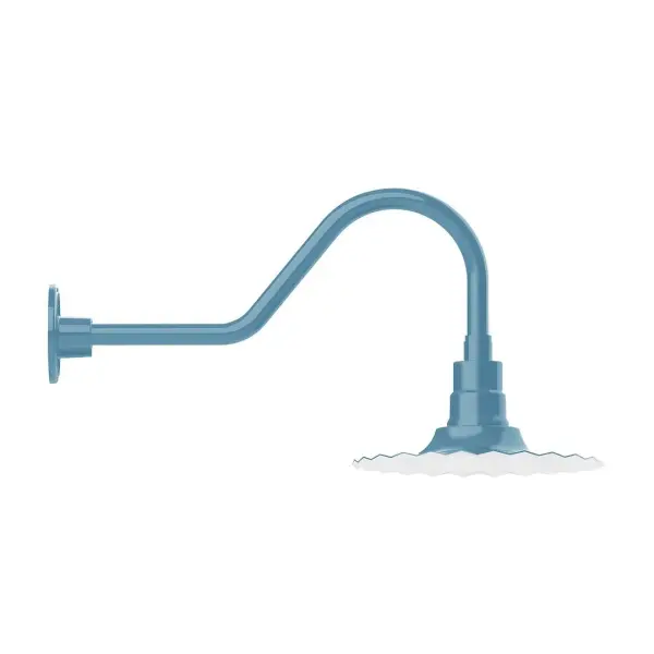 Our outdoor wall lights, inspired by 1920's industrial lighting, in classic gooseneck arm styles are great for use as sign or awning lights, garage or barn lights. This vintage look works well indoors also, our smallest sizes will illuminate a restaurant menu board, bookcase, or shelving unit. The Radial Shade is fluted to allow water to flow off its surface, suitable for seaside and non-seaside locales. Collection: Radial Finish: Light Blue Glass: 12 inch Radial Notes: Option (1) A19 LED and 3-Integrated 8W, 10W, 15W Width: 12.00" Height: 13.25" Length: 26.50" Weight: 5.00 lb Extension from Wall: 26.50" Canopy: 4.625" diameter Number of Bulbs: 1 Maximum Wattage: 100.00 W Bulb Type: A19 Bulb Base: E26 Medium Light Source: Incandescent or LED equivalent Dimmable Voltage: 120.00 V Country of Origin: US Safety Listing: UL/cUL Safety Rating: Wet Dark Sky LED Manufacturer Warranty: 1-year limited warranty on the fixture.