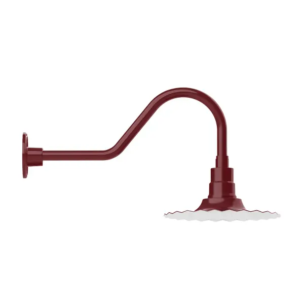 Our outdoor wall lights, inspired by 1920's industrial lighting, in classic gooseneck arm styles are great for use as sign or awning lights, garage or barn lights. This vintage look works well indoors also, our smallest sizes will illuminate a restaurant menu board, bookcase, or shelving unit. The Radial Shade is fluted to allow water to flow off its surface, suitable for seaside and non-seaside locales. Collection: Radial Finish: Barn Red Glass: 12 inch Radial Notes: Option (1) A19 LED and 3-Integrated 8W, 10W, 15W Width: 12.00" Height: 13.25" Length: 26.50" Weight: 5.00 lb Extension from Wall: 26.50" Canopy: 4.625" diameter Number of Bulbs: 1 Maximum Wattage: 100.00 W Bulb Type: A19 Bulb Base: E26 Medium Light Source: Incandescent or LED equivalent Dimmable Voltage: 120.00 V Country of Origin: US Safety Listing: UL/cUL Safety Rating: Wet Dark Sky LED Manufacturer Warranty: 1-year limited warranty on the fixture.