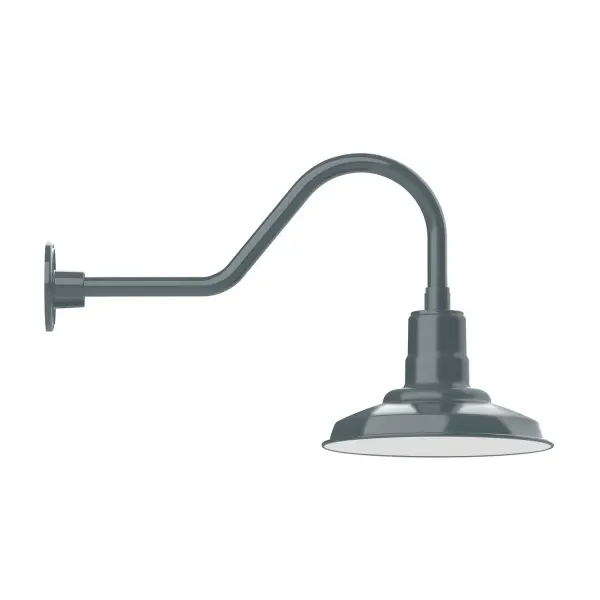 Our outdoor wall lights, inspired by 1920's industrial lighting, in classic gooseneck arm styles are great for use as sign or awning lights, garage or barn lights. This vintage look works well indoors also, our smallest sizes will illuminate a restaurant menu board, bookcase, or shelving unit. The Warehouse shade is our most popular shade style, and we offer in a large variety of sizes. Collection: Warehouse Finish: Slate Gray Glass: 12 inch Warehouse Notes: Option (1) A19 LED and Integrated LED Width: 12.00" Height: 15.50" Length: 26.50" Weight: 5.00 lb Extension from Wall: 26.50" Canopy: 4.625" diameter Number of Bulbs: 1 Maximum Wattage: 100.00 W Bulb Type: A19 Bulb Base: E26 Medium Light Source: Incandescent or LED equivalent Dimmable Voltage: 120.00 V Country of Origin: US Safety Listing: UL/cUL Safety Rating: Wet Dark Sky LED Manufacturer Warranty: 1-year limited warranty on the fixture.
