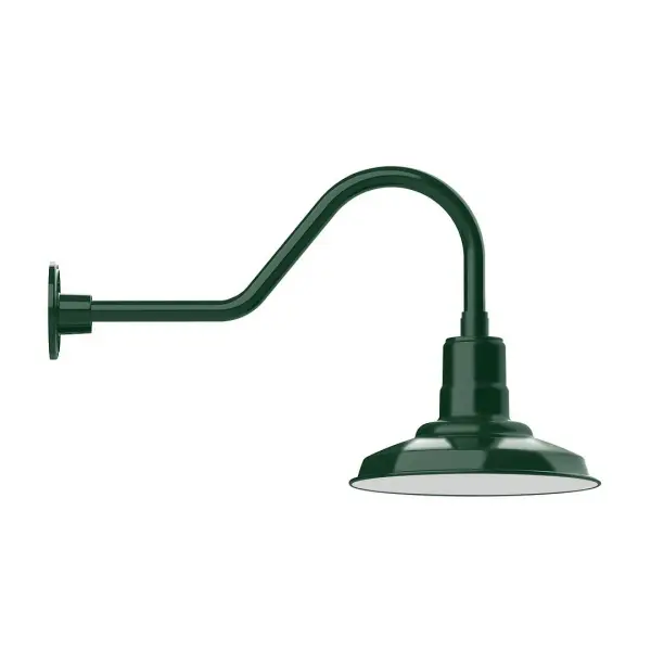 Our outdoor wall lights, inspired by 1920's industrial lighting, in classic gooseneck arm styles are great for use as sign or awning lights, garage or barn lights. This vintage look works well indoors also, our smallest sizes will illuminate a restaurant menu board, bookcase, or shelving unit. The Warehouse shade is our most popular shade style, and we offer in a large variety of sizes. Collection: Warehouse Finish: Forest Green Glass: Clear Glass with Cast Guard Notes: Option (1) A19 LED and Integrated LED Width: 12.00" Height: 15.50" Length: 26.50" Weight: 5.00 lb Extension from Wall: 26.50" Canopy: 4.625" diameter Number of Bulbs: 1 Maximum Wattage: 100.00 W Bulb Type: A19 Bulb Base: E26 Medium Light Source: Incandescent or LED equivalent Dimmable Voltage: 120.00 V Country of Origin: US Safety Listing: UL/cUL Safety Rating: Wet Dark Sky LED Manufacturer Warranty: 1-year limited warranty on the fixture.