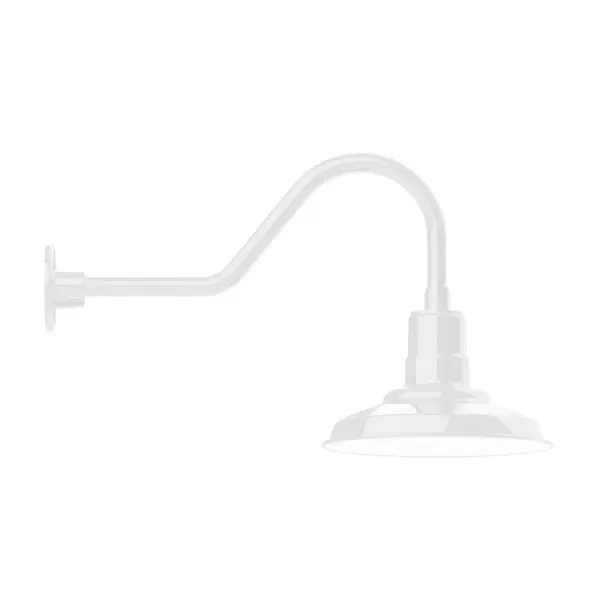 Our outdoor wall lights, inspired by 1920's industrial lighting, in classic gooseneck arm styles are great for use as sign or awning lights, garage or barn lights. This vintage look works well indoors also, our smallest sizes will illuminate a restaurant menu board, bookcase, or shelving unit. The Warehouse shade is our most popular shade style, and we offer in a large variety of sizes. Collection: Warehouse Finish: White Glass: Clear Glass with Cast Guard Notes: Option (1) A19 LED and Integrated LED Width: 12.00" Height: 15.50" Length: 26.50" Weight: 5.00 lb Extension from Wall: 26.50" Canopy: 4.625" diameter Number of Bulbs: 1 Maximum Wattage: 100.00 W Bulb Type: A19 Bulb Base: E26 Medium Light Source: Incandescent or LED equivalent Dimmable Voltage: 120.00 V Country of Origin: US Safety Listing: UL/cUL Safety Rating: Wet Dark Sky LED Manufacturer Warranty: 1-year limited warranty on the fixture.
