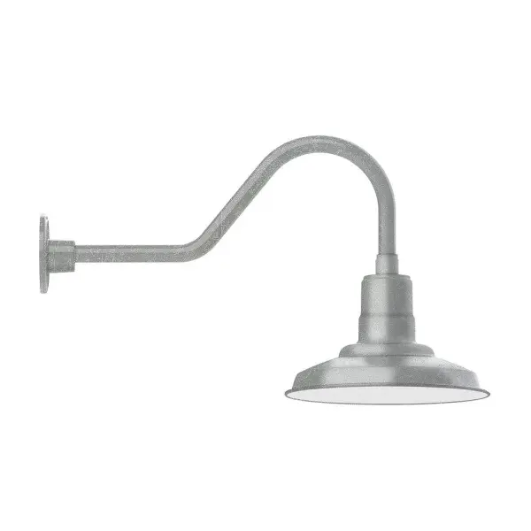 Our outdoor wall lights, inspired by 1920's industrial lighting, in classic gooseneck arm styles are great for use as sign or awning lights, garage or barn lights. This vintage look works well indoors also, our smallest sizes will illuminate a restaurant menu board, bookcase, or shelving unit. The Warehouse shade is our most popular shade style, and we offer in a large variety of sizes. Collection: Warehouse Finish: Painted Galvanized Glass: Clear Glass with Cast Guard Notes: Option (1) A19 LED and Integrated LED Width: 12.00" Height: 15.50" Length: 26.50" Weight: 5.00 lb Extension from Wall: 26.50" Canopy: 4.625" diameter Number of Bulbs: 1 Maximum Wattage: 100.00 W Bulb Type: A19 Bulb Base: E26 Medium Light Source: Incandescent or LED equivalent Dimmable Voltage: 120.00 V Country of Origin: US Safety Listing: UL/cUL Safety Rating: Wet Dark Sky LED Manufacturer Warranty: 1-year limited warranty on the fixture.