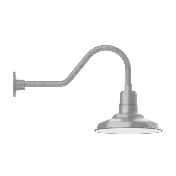 Our outdoor wall lights, inspired by 1920's industrial lighting, in classic gooseneck arm styles are great for use as sign or awning lights, garage or barn lights. This vintage look works well indoors also, our smallest sizes will illuminate a restaurant menu board, bookcase, or shelving unit. The Warehouse shade is our most popular shade style, and we offer in a large variety of sizes. Collection: Warehouse Finish: Painted Galvanized Glass: 12 inch Warehouse Notes: Option (1) A19 LED and Integrated LED Width: 12.00" Height: 15.50" Length: 26.50" Weight: 5.00 lb Extension from Wall: 26.50" Canopy: 4.625" diameter Number of Bulbs: 1 Maximum Wattage: 100.00 W Bulb Type: A19 Bulb Base: E26 Medium Light Source: Incandescent or LED equivalent Dimmable Voltage: 120.00 V Country of Origin: US Safety Listing: UL/cUL Safety Rating: Wet Dark Sky LED Manufacturer Warranty: 1-year limited warranty on the fixture.