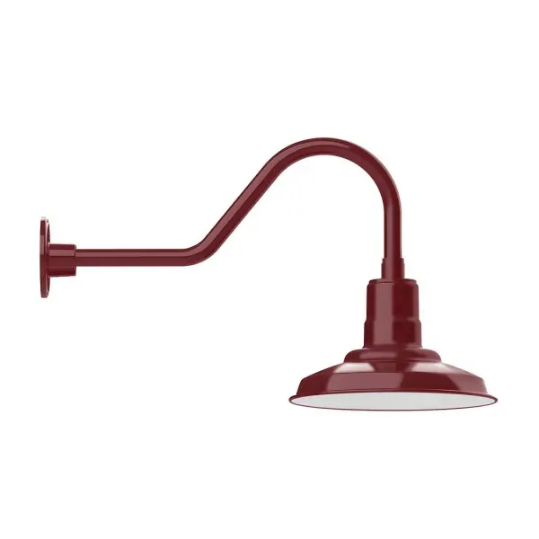 Our outdoor wall lights, inspired by 1920's industrial lighting, in classic gooseneck arm styles are great for use as sign or awning lights, garage or barn lights. This vintage look works well indoors also, our smallest sizes will illuminate a restaurant menu board, bookcase, or shelving unit. The Warehouse shade is our most popular shade style, and we offer in a large variety of sizes. Collection: Warehouse Finish: Barn Red Glass: Clear Glass with Cast Guard Width: 12.00" Height: 15.50" Length: 26.50" Weight: 5.00 lb Extension from Wall: 26.50" Canopy: 4.625" diameter Number of Bulbs: 1 Maximum Wattage: 10.00 W Light Source: LED Light Output: 800.00 lm Color Temperature: 2700 K CRI: 90 Dimmable Rated Average Life: 50,000 Voltage: 120.00 V Country of Origin: US Safety Listing: UL/cUL Safety Rating: Wet Dark Sky LED Manufacturer Warranty: 1-year limited warranty on the fixture.