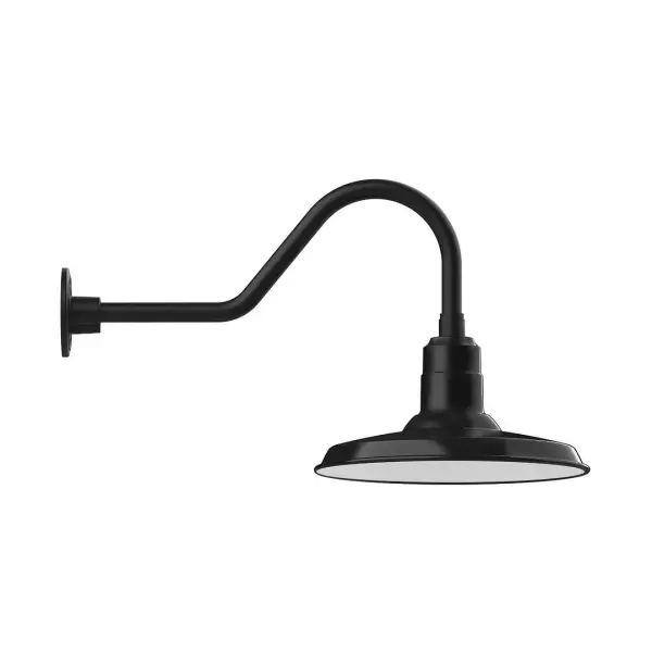 Our outdoor wall lights, inspired by 1920's industrial lighting, in classic gooseneck arm styles are great for use as sign or awning lights, garage or barn lights. This vintage look works well indoors also, our smallest sizes will illuminate a restaurant menu board, bookcase, or shelving unit. The Warehouse shade is our most popular shade style, and we offer in a large variety of sizes. Collection: Warehouse Finish: Black Glass: 14 inch Warehouse Notes: Option (1) A19 LED and Integrated LED Width: 14.00" Height: 15.50" Length: 27.75" Weight: 5.00 lb Extension from Wall: 27.75" Canopy: 4.625" diameter Number of Bulbs: 1 Maximum Wattage: 100.00 W Bulb Type: A19 Bulb Base: E26 Medium Light Source: Incandescent or LED equivalent Dimmable Voltage: 120.00 V Country of Origin: US Safety Listing: UL/cUL Safety Rating: Wet Dark Sky LED Manufacturer Warranty: 1-year limited warranty on the fixture.