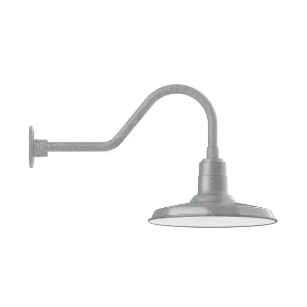 Our outdoor wall lights, inspired by 1920's industrial lighting, in classic gooseneck arm styles are great for use as sign or awning lights, garage or barn lights. This vintage look works well indoors also, our smallest sizes will illuminate a restaurant menu board, bookcase, or shelving unit. The Warehouse shade is our most popular shade style, and we offer in a large variety of sizes. Collection: Warehouse Finish: Painted Galvanized Glass: Clear Glass with Cast Guard Notes: Option (1) A19 LED and Integrated LED Width: 14.00" Height: 15.50" Length: 27.75" Weight: 5.00 lb Extension from Wall: 27.75" Canopy: 4.625" diameter Number of Bulbs: 1 Maximum Wattage: 100.00 W Bulb Type: A19 Bulb Base: E26 Medium Light Source: Incandescent or LED equivalent Dimmable Voltage: 120.00 V Country of Origin: US Safety Listing: UL/cUL Safety Rating: Wet Dark Sky LED Manufacturer Warranty: 1-year limited warranty on the fixture.