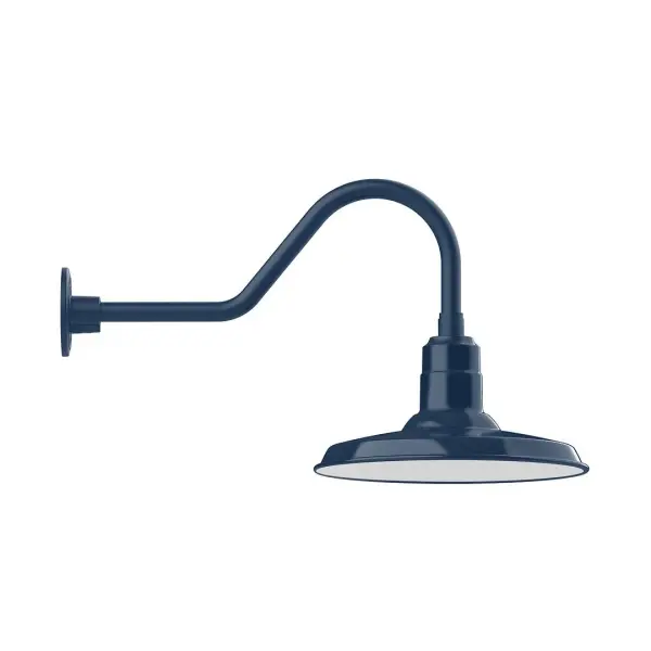 Our outdoor wall lights, inspired by 1920's industrial lighting, in classic gooseneck arm styles are great for use as sign or awning lights, garage or barn lights. This vintage look works well indoors also, our smallest sizes will illuminate a restaurant menu board, bookcase, or shelving unit. The Warehouse shade is our most popular shade style, and we offer in a large variety of sizes. Collection: Warehouse Finish: Navy Glass: Clear Glass with Cast Guard Notes: Option (1) A19 LED and Integrated LED Width: 14.00" Height: 15.50" Length: 27.75" Weight: 5.00 lb Extension from Wall: 27.75" Canopy: 4.625" diameter Number of Bulbs: 1 Maximum Wattage: 100.00 W Bulb Type: A19 Bulb Base: E26 Medium Light Source: Incandescent or LED equivalent Dimmable Voltage: 120.00 V Country of Origin: US Safety Listing: UL/cUL Safety Rating: Wet Dark Sky LED Manufacturer Warranty: 1-year limited warranty on the fixture.