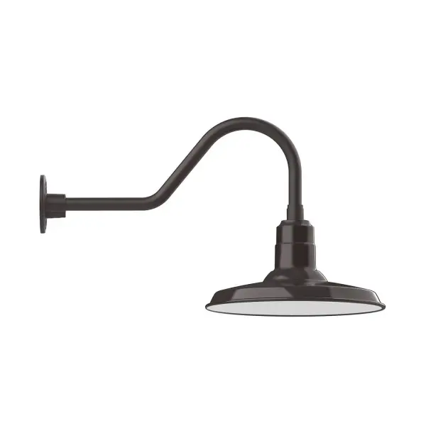 Our outdoor wall lights, inspired by 1920's industrial lighting, in classic gooseneck arm styles are great for use as sign or awning lights, garage or barn lights. This vintage look works well indoors also, our smallest sizes will illuminate a restaurant menu board, bookcase, or shelving unit. The Warehouse shade is our most popular shade style, and we offer in a large variety of sizes. Collection: Warehouse Finish: Architectural Bronze Glass: Clear Glass with Cast Guard Notes: Option (1) A19 LED and Integrated LED Width: 14.00" Height: 15.50" Length: 27.75" Weight: 5.00 lb Extension from Wall: 27.75" Canopy: 4.625" diameter Number of Bulbs: 1 Maximum Wattage: 100.00 W Bulb Type: A19 Bulb Base: E26 Medium Light Source: Incandescent or LED equivalent Dimmable Voltage: 120.00 V Country of Origin: US Safety Listing: UL/cUL Safety Rating: Wet Dark Sky LED Manufacturer Warranty: 1-year limited warranty on the fixture.