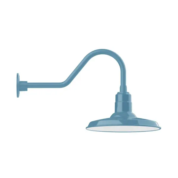 Our outdoor wall lights, inspired by 1920's industrial lighting, in classic gooseneck arm styles are great for use as sign or awning lights, garage or barn lights. This vintage look works well indoors also, our smallest sizes will illuminate a restaurant menu board, bookcase, or shelving unit. The Warehouse shade is our most popular shade style, and we offer in a large variety of sizes. Collection: Warehouse Finish: Light Blue Glass: Clear Glass with Cast Guard Width: 14.00" Height: 15.50" Length: 27.75" Weight: 5.00 lb Extension from Wall: 27.75" Canopy: 4.625" diameter Number of Bulbs: 1 Maximum Wattage: 15.00 W Light Source: LED Light Output: 1200.00 lm Color Temperature: 2700 K CRI: 90 Dimmable Rated Average Life: 50,000 Voltage: 120.00 V Country of Origin: US Safety Listing: UL/cUL Safety Rating: Wet Dark Sky LED Manufacturer Warranty: 1-year limited warranty on the fixture.