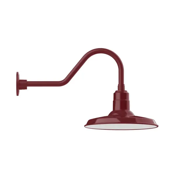 Our outdoor wall lights, inspired by 1920's industrial lighting, in classic gooseneck arm styles are great for use as sign or awning lights, garage or barn lights. This vintage look works well indoors also, our smallest sizes will illuminate a restaurant menu board, bookcase, or shelving unit. The Warehouse shade is our most popular shade style, and we offer in a large variety of sizes. Collection: Warehouse Finish: Barn Red Glass: 14 inch Warehouse Width: 14.00" Height: 15.50" Length: 27.75" Weight: 5.00 lb Extension from Wall: 27.75" Canopy: 4.625" diameter Number of Bulbs: 1 Maximum Wattage: 15.00 W Light Source: LED Light Output: 1200.00 lm Color Temperature: 3000 K CRI: 90 Dimmable Rated Average Life: 50,000 Voltage: 120.00 V Country of Origin: US Safety Listing: UL/cUL Safety Rating: Wet Dark Sky LED Manufacturer Warranty: 1-year limited warranty on the fixture.